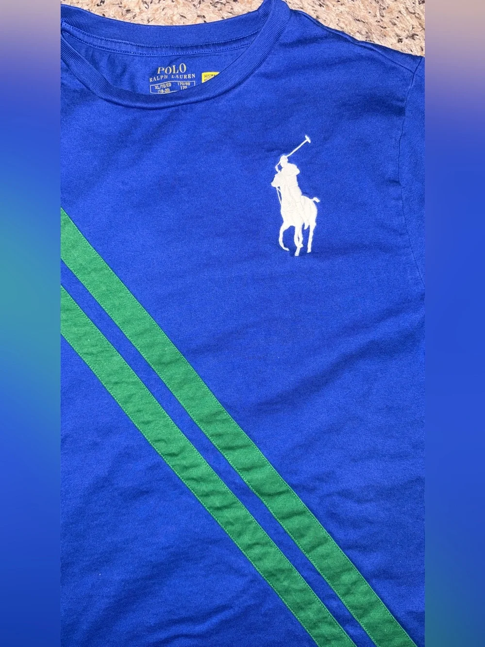 Ralph Lauren Royal Blue Tee & Short Set with Green Diagonal Stripes